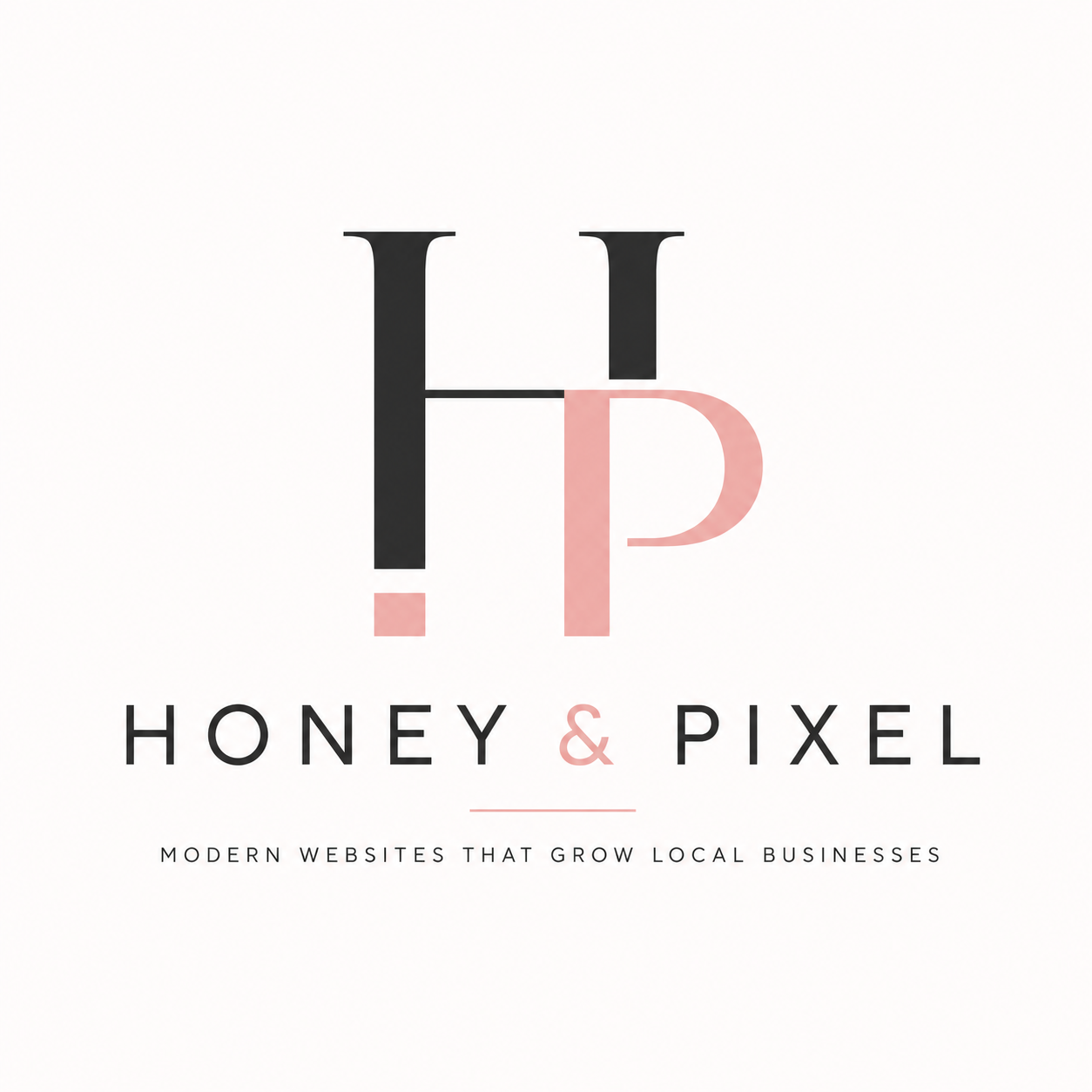 Honey & Pixel logo: overlapping charcoal H and blush pink P monogram above the wordmark Honey & Pixel